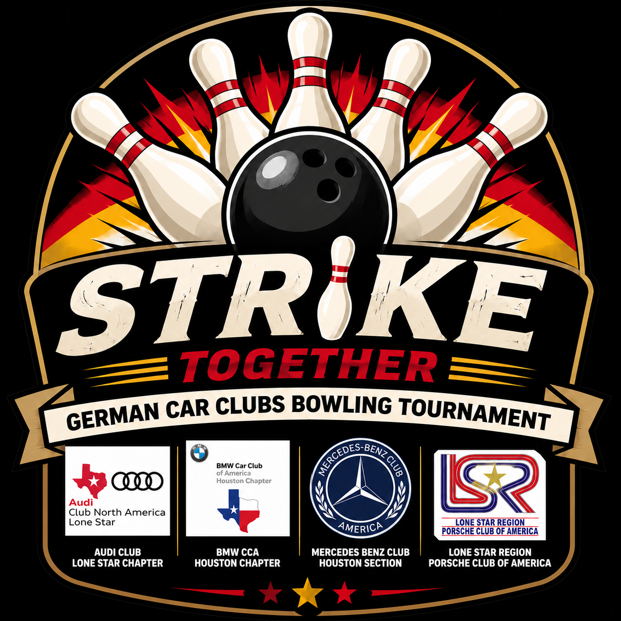Strike Together — German Car Clubs Bowling Tournament emblem featuring Audi, BMW, Mercedes-Benz, and Porsche clubs